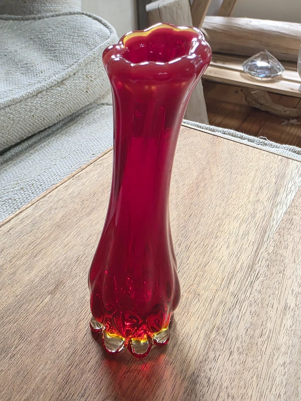 Vintage Ruby Red Fluted Art Glass Bud Vase Scalloped Edge Moody Maximalist